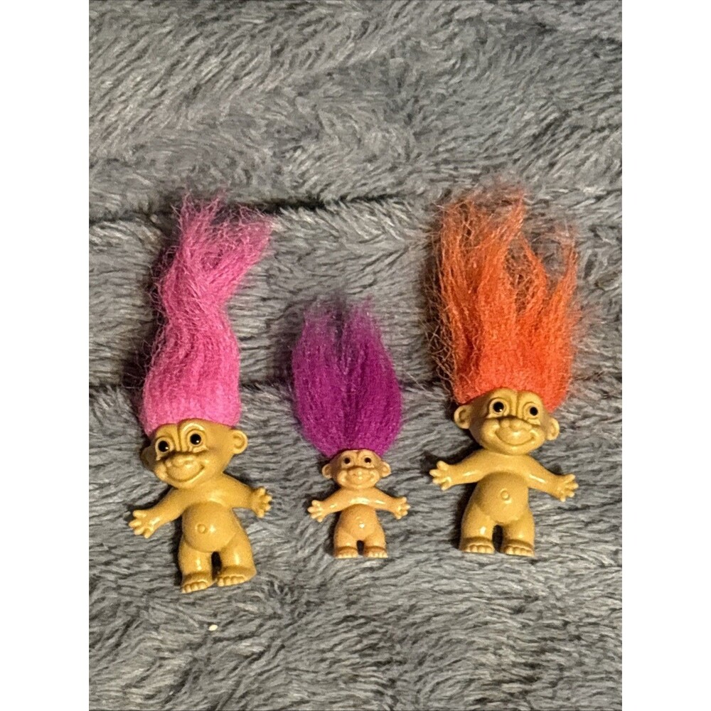 VINTAGE Russ Berrie TINY TROLLS SET OF 3 PCS ORANGE Purple PINK HAIR 1” And 1.5”